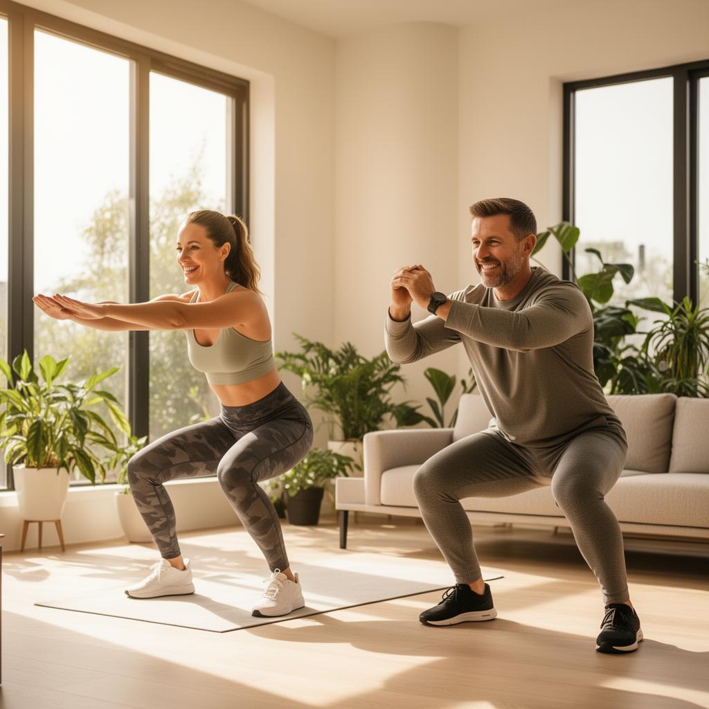 A fit couple in their 40s training together in a sunlit living room